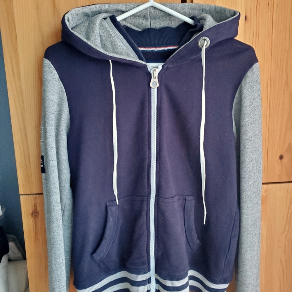 Superdry Women's Navy & Grey Full Zip Hoodie. Large Spellout on Back Medium